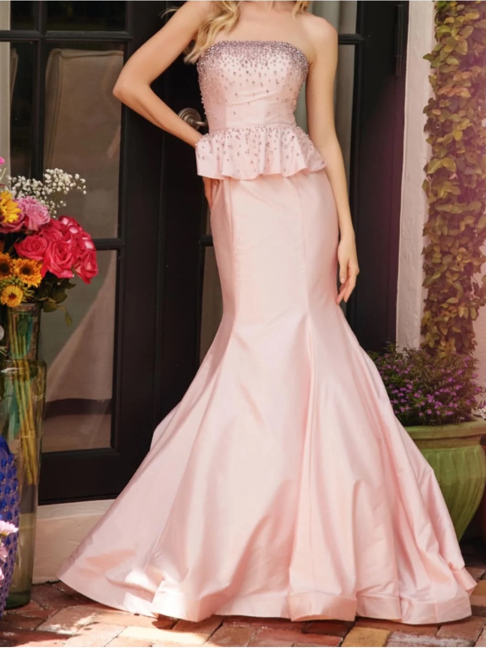 Strapless Beaded Peplum Mermaid Prom Dress in